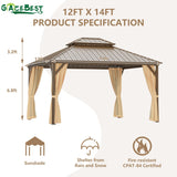 GAZEBEST 12x14 ft Hardtop Gazebo Outdoor Aluminum Patio Gazebo Double Roof Galvanized Steel Gazebo Canopy with Netting and Curtains,for Garden Patio,Patio Backyard,Deck and Lawns GAZEBEST