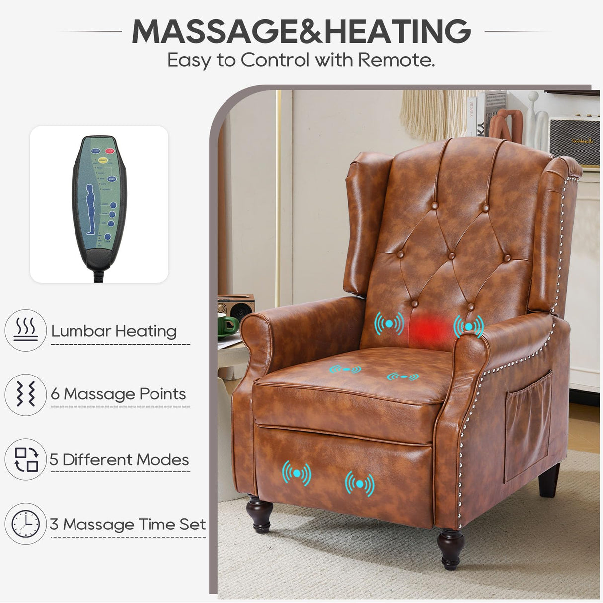 P.H.Furn Wingback Recliner Chair with Massage and Heat, Tufted Back PU Leather Living Room Armchair with Nailhead Trim,Push Back Recliner Chair with Remote Control,Padded Cushion (Tawny Brown) P.H.Furn