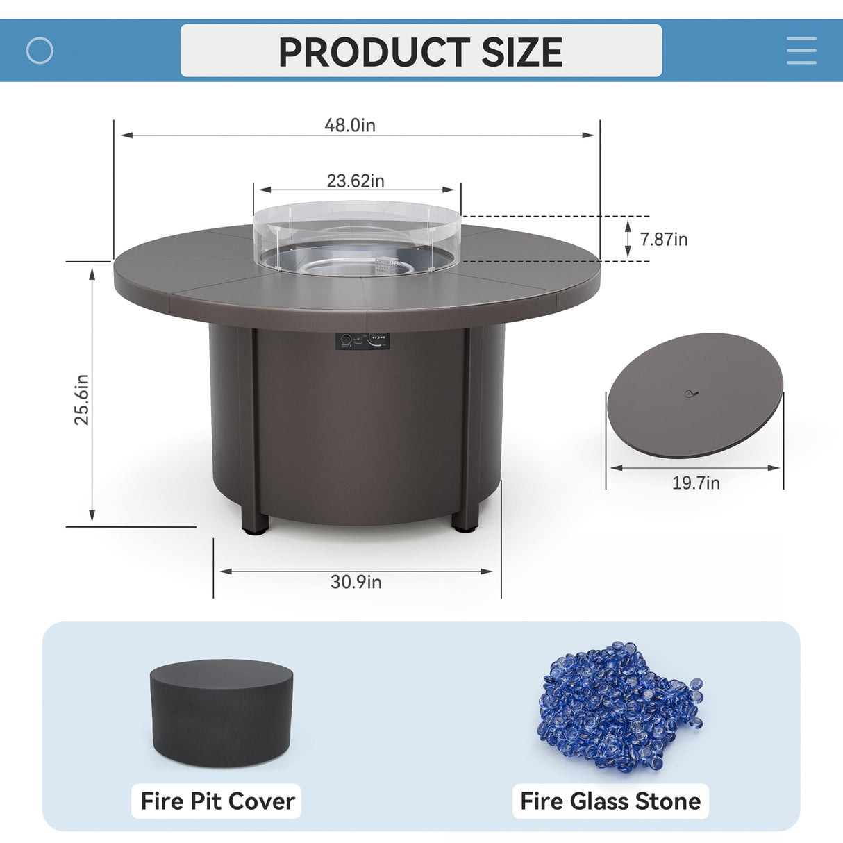 Kullavik 48" Round Propane Fire Pit Table,55000 BTU Auto-Ignitiongas Gas Fire Table with Fire Glass and Lid,Waterproof Cover and Blue Glass Stone,for Patio, Balcony,Garden Kullavik