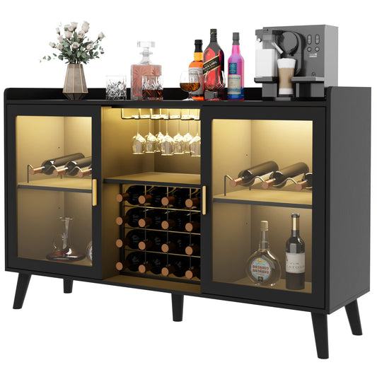 Auromie Wine Bar Cabinet with Led Light, Home Coffee Cabinet with Wine and Glass Rack, Kitchen Buffet Sideboard with Storage Shelves, Freestanding Liquor Cabinet for Living Room, Dining Room (Black)