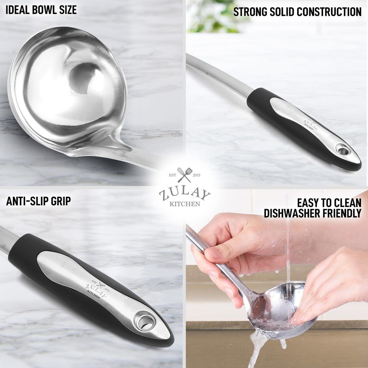 Zulay Kitchen Stainless Steel Cooking Utensil - Stainless Steel Kitchen Utensil - Durable Kitchen Gadgets - Metal Kitchen Accessories - Easy to Clean Kitchen Tools - 12" Soup Ladle Zulay Kitchen
