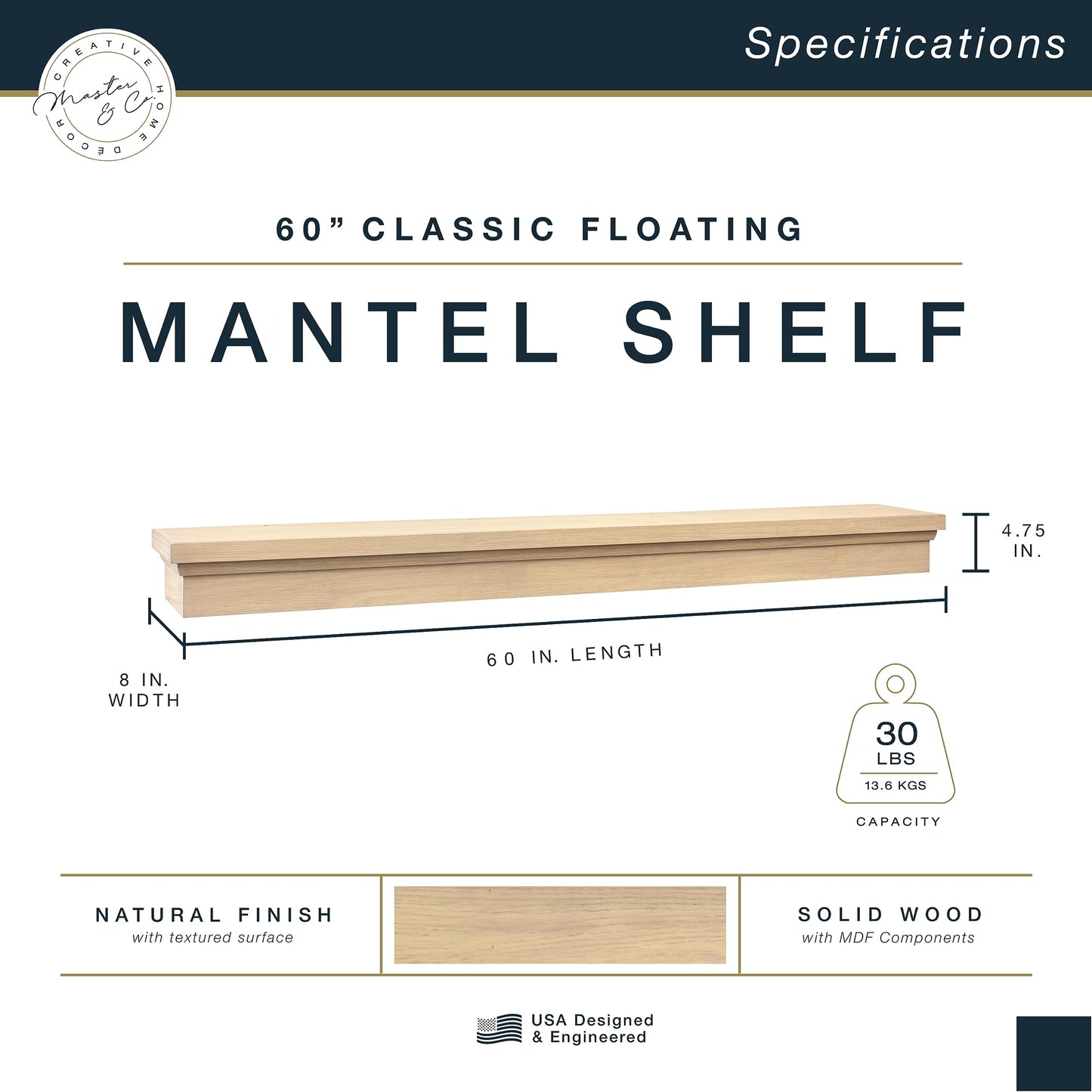 MCS 60-Inch Mantel, Master & Co Natural Woodgrain Finish Solid Wood Floating Fireplace Mantel, Long Floating Shelf for Livingroom with Wood Cleat Hanging System, Photo and Home Decor Display Shelf