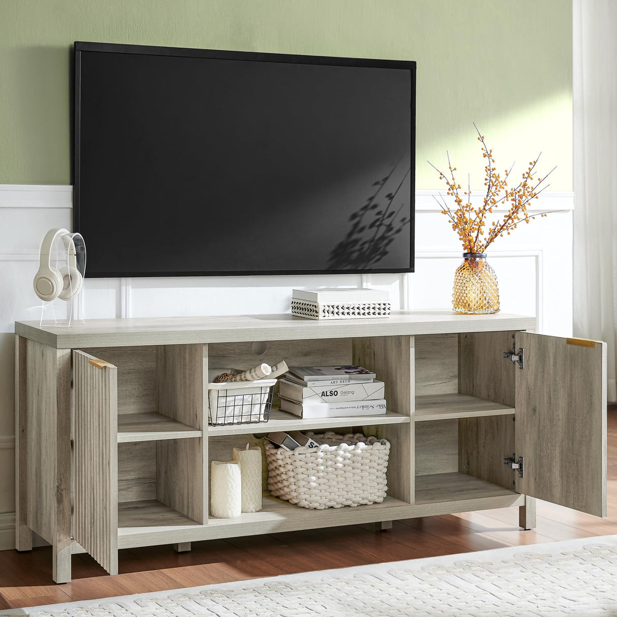 OAKHAM HOME Fluted TV Stands for Living Room, Heavy Duty Entertainment Center with Storage, Mid Century Modern Television Stands for 50/55/60/65 TV, Oxford Media TV Console (Grey Oak) OAKHAM HOME