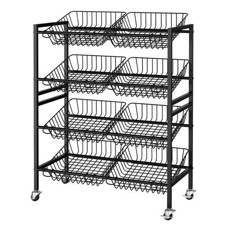 Evermagin Kitchen Storage Cart, Rolling Snack Cart, 25.2''W 4 Tier Fruit Basket Stand, Metal Pantry Storage with Stackable Wire Basket, Black Evermagin
