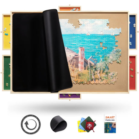 Rnice 1500 Piece Rotating Puzzle Board Pro, 35" x 26" with Drawers, Rubber Cover Mat, 360° Lasy Susan, Sort-Wise Colorful Felt Drawers & 4 Trays, Wooden Jigsaw Puzzle Table, Birthday Gifts for Mom Rnice