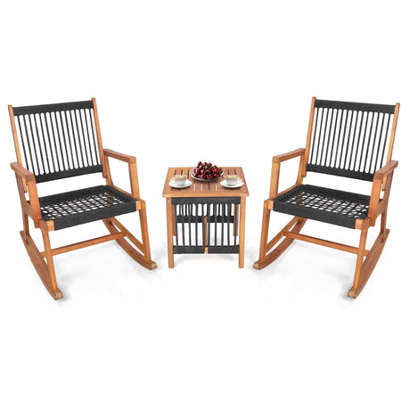 Tangkula 3 Pieces Acacia Wood Rocking Bistro Set, All-Weather Rope Woven Patio Furniture Set with Coffee Table, Outdoor Conversation Set for Front Porch, Deck, Balcony (Black & Natural) Tangkula