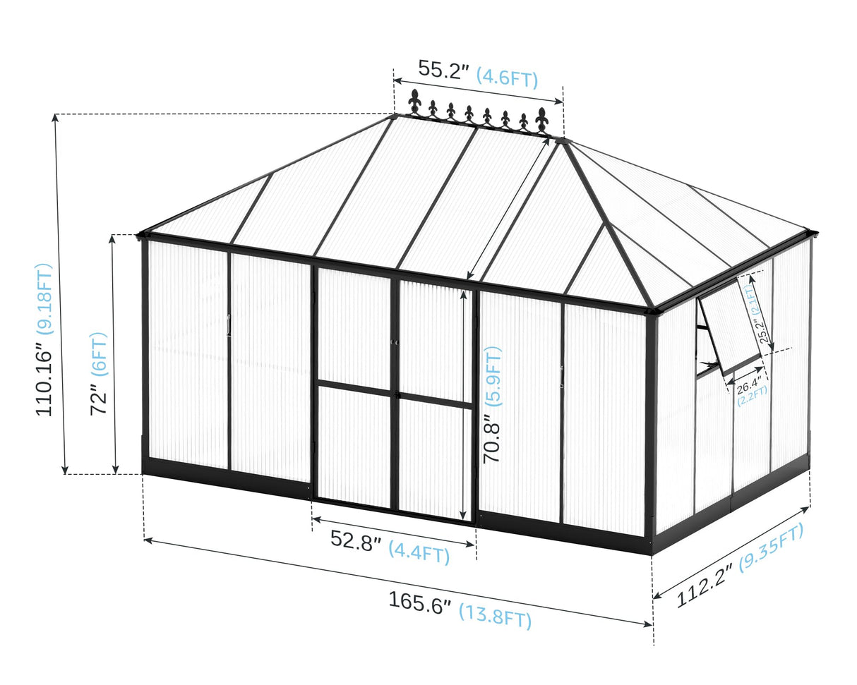 Jocisland 14x9.5x9 FT Polycarbonate Greenhouse- 6 FT Wall Height Outdoor Aluminum Greenhouses with 2 Ventilation and Rain Gutter, Double Doors with Hook, Walk-in Greenhouse for Backyard Garden Jocisland