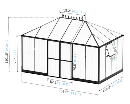 Jocisland 14x9.5x9 FT Polycarbonate Greenhouse- 6 FT Wall Height Outdoor Aluminum Greenhouses with 2 Ventilation and Rain Gutter, Double Doors with Hook, Walk-in Greenhouse for Backyard Garde - WoodArtSupply