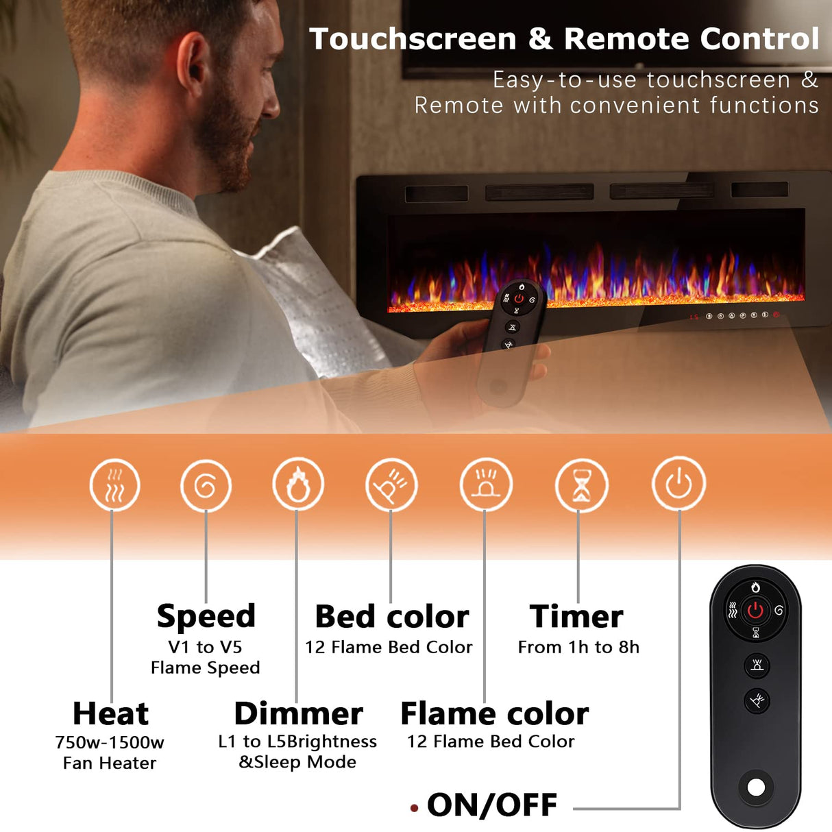 Vitesse 72 inch Ultra-Thin Electric Fireplace in-Wall Recessed and Wall Mounted Fireplace Heater,Linear Fireplace with Multicolor Flame,Timer,Low Noise,750/1500W,Touch Screen & Remote Control(72’’) VITESSE