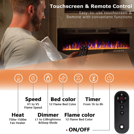 Vitesse 72 inch Ultra-Thin Electric Fireplace in-Wall Recessed and Wall Mounted Fireplace Heater,Linear Fireplace with Multicolor Flame,Timer,Low Noise,750/1500W,Touch Screen & Remote Control(72’’) VITESSE