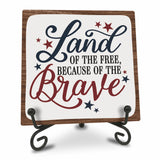 July 4th Wooden Plaque With Iron Stand - Free & Brave - 4"X4" Wood Sign For Memorial Day, America Patriotic Tabletop Signs, Shelf, Desk Decorations, Party Supplies - 07 Ketsord