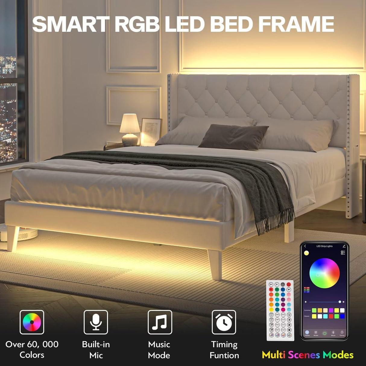 Lihimte Full Size Bed Frame with Led Lights, Upholstered Velvet Platform Bed Frames with Button Tufted Wingback Headboard and Footboard, Wooden Slats Support, No Box Spring Needed, Beige Lihimte