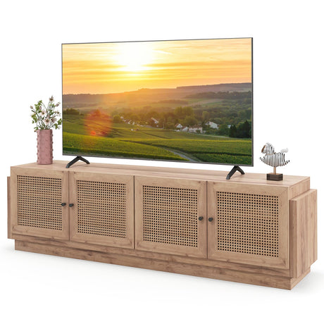 Tangkula Farmhouse TV Stand for TVs Up to 75-Inch, PE Rattan Entertainment Center with Storage and Adjustable Shelves, Mid Century Modern TV Console with 2 Cabinets and 8 Cable Holes for Living Room Tangkula