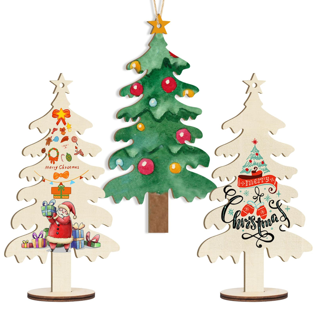 Wooden Christmas Ornaments to Paint Christmas Tree Decoration Cutouts Unfinished 3Pack 7 inches, Wood DIY Blank Christmas Tree Table Sign Ornament for Home Crafts Hanging Decoration with String Base Sophena