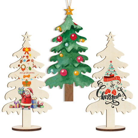 Wooden Christmas Ornaments to Paint Christmas Tree Decoration Cutouts Unfinished 3Pack 7 inches, Wood DIY Blank Christmas Tree Table Sign Ornament for Home Crafts Hanging Decoration with String Base Sophena