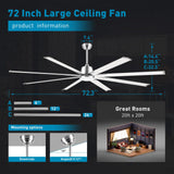 72 lnch lndustrial Smart Celing Fan with Light and Remote Control via WIFI Alexa,Large Celing Fan with 8 Brushed Nickel Aluminum Blades,6 Speed Noiseless DC Motor Indoor Outdoor Ceiling Fans for Patio Minislak
