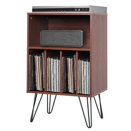 Tangkula Record Player Stand, Turntable Stand with Metal Legs, Vinyl Record Storage Cabinet w/ 5 Open Shelves Holds up to 150 Albums for Living Room Bedroom, Vintage End Table, 21 x 18 x34 In (Brown) Tangkula