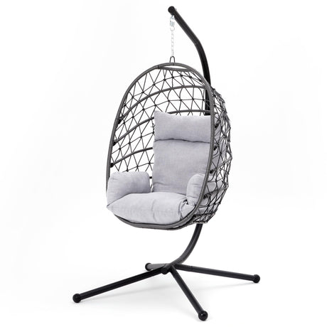 RoyalCraft Hanging Egg Chair Outdoor Swing Chair with Stand, Hammock Chair Indoor, Patio Boho Wicker Hanging Chair with Stand 350lbs Capacity for Garden, Balcony, Bedroom, Black & Gray RoyalCraft