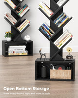 Evermagin 6 Tier Tree Bookshelf with Light, Small Bookcase Tower for Books/CDs/Movies, Sturdy Tall Floor Standing Book Organizer with Storage Cabinet for Living Room, Bedroom and Home Office (Black) Evermagin