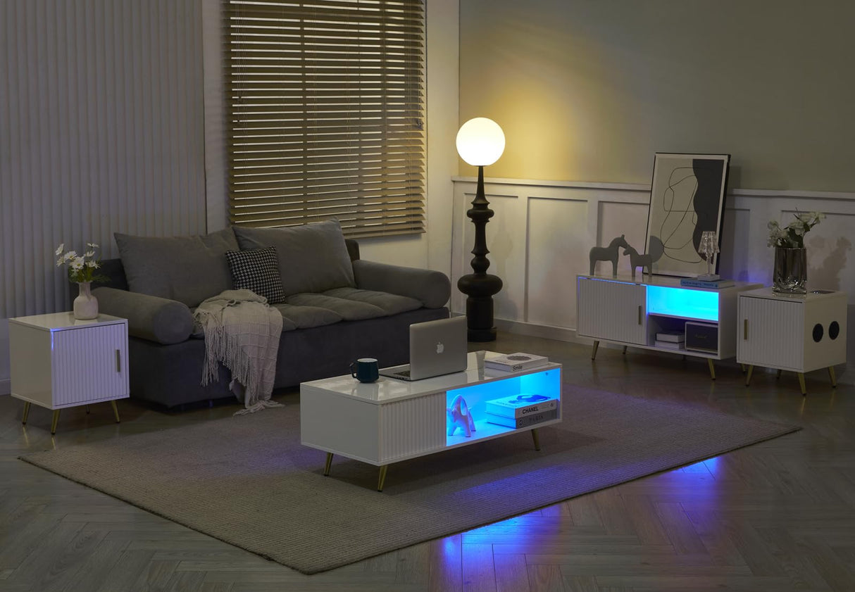 COSVALVE 41.3IN LED White Coffee Tables for Living Room with 16 Colors LED Lights, Modern Minimalist Coffee Table with Fluted Panel, Rectangle Center Table Game Table COSVALVE