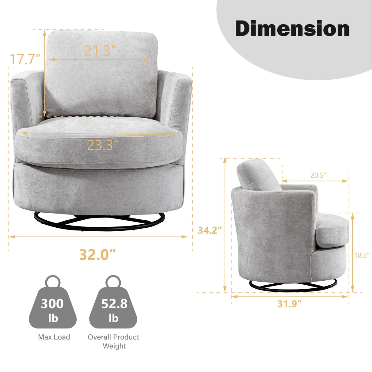 Chifee & Vingol 32" Chenille Swivel Barrel Chair Upholstered Round Chair,Light Grey Chifee & Vingol