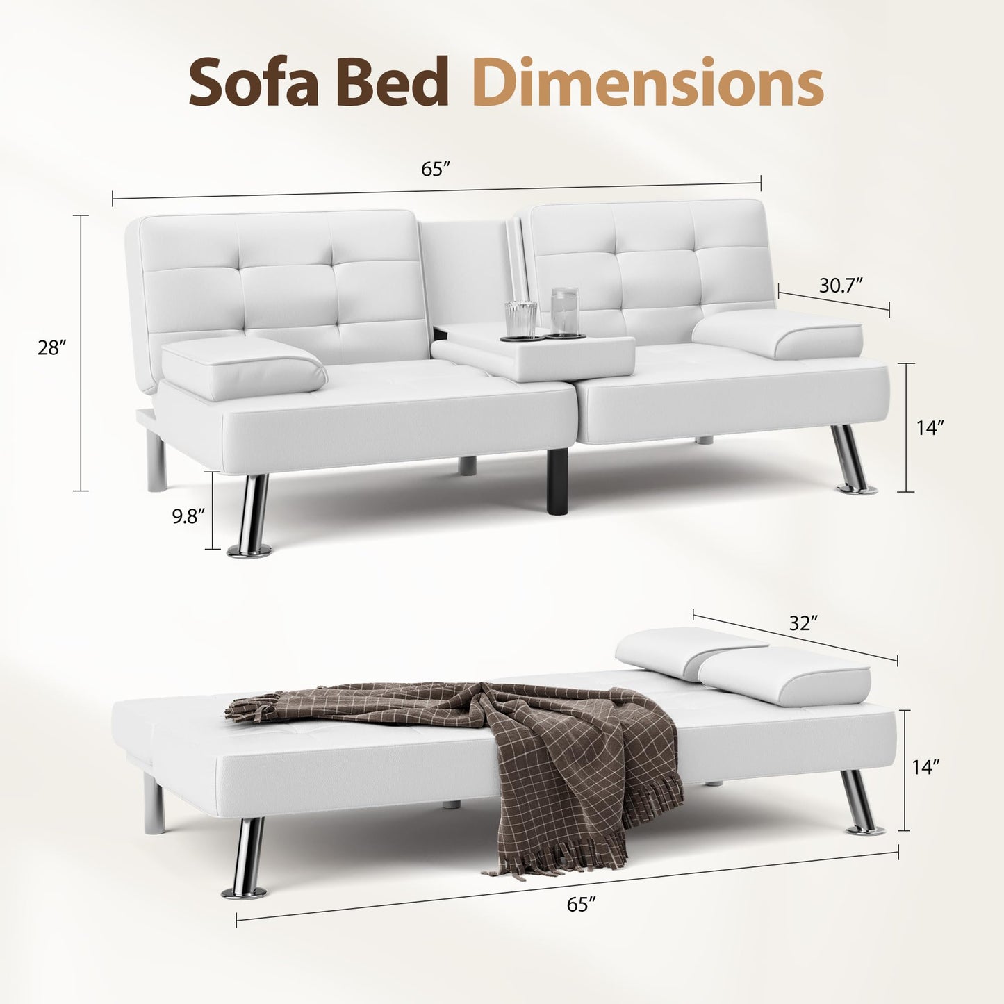 Shahoo Convertible Folding Futon Sofa Bed Sleeper Couch for Living Room Faux Leather Upholstered Loveseat w/Removable Armrests, Metal Legs, 2 Cup Holders, White