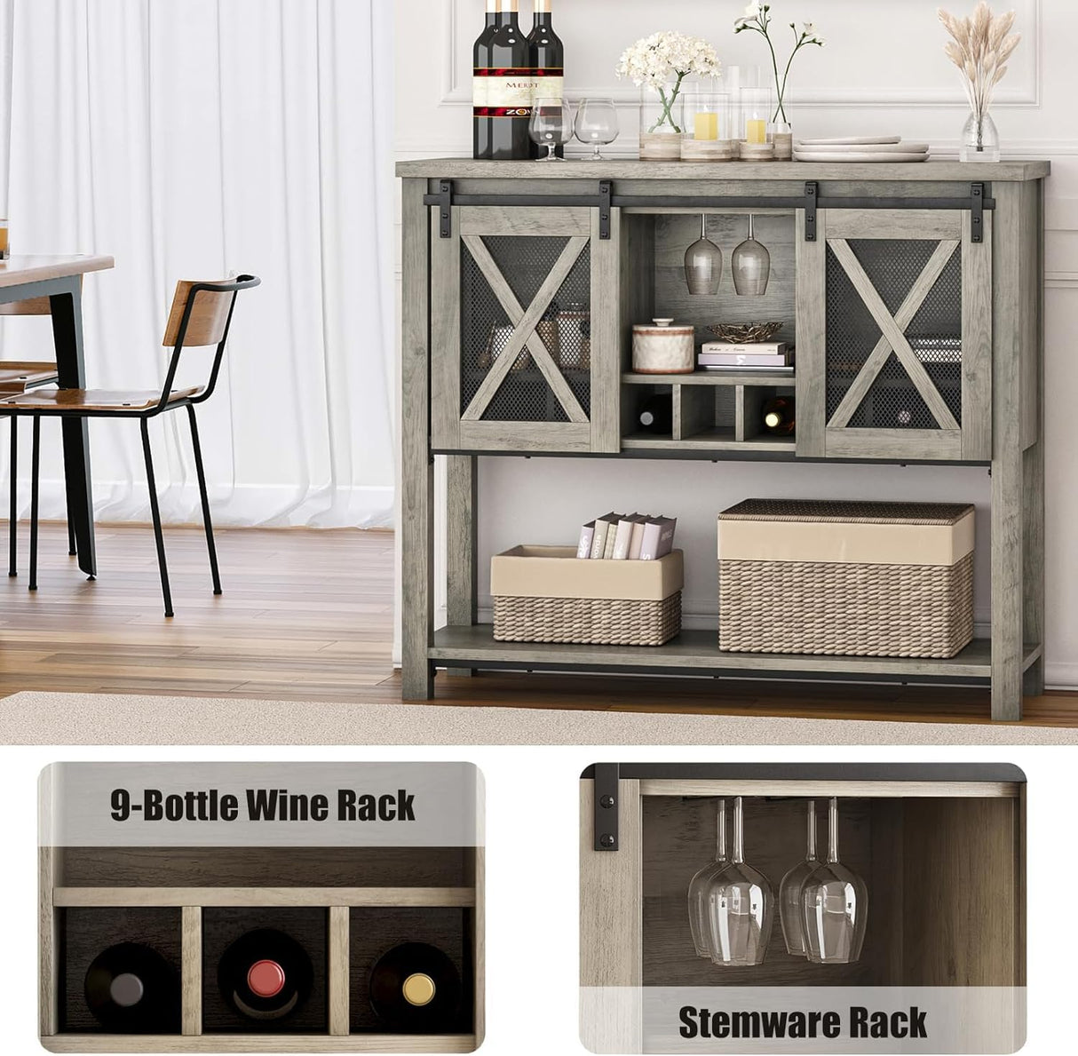 IDEALHOUSE Coffee Bar Cabinet, Console Entryway Table with Storage, Farmhouse Sideboard Buffet Cabinet with Sliding Barn Doors, Wine Liquor Cabinet with Racks for Kitchen, Hallway, Living Room, Gray IDEALHOUSE