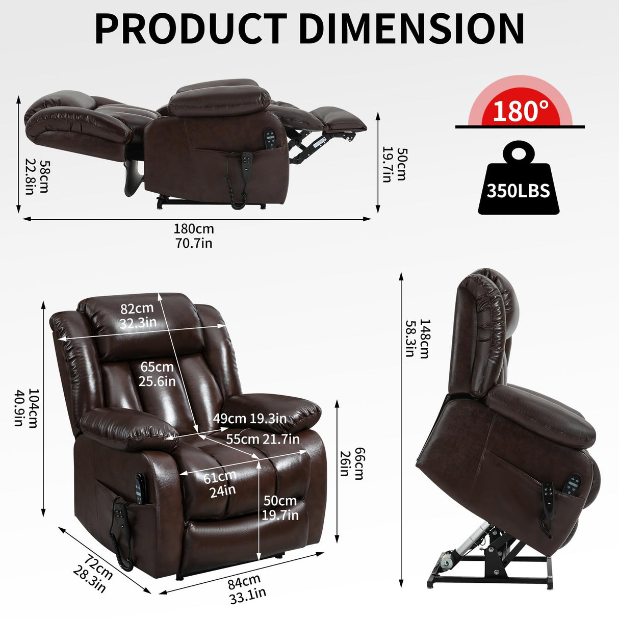 EZZUP Power Lift Chairs for Elderly, Dual Motor Oversized Recliner with 8-Point Vibration Massage and Lumbar Heating, Genuine Leather Electric Recliner Chairs, Antique Brown Recliner EZZUP