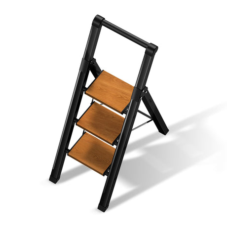 3 Step Ladder, Folding Step Stool with Aluminum Wide Pedal& Convenient Handgrip, 330lbs Capacity Steel Ladder for Household and Office (Black & Woodgrain) BEFITMACE