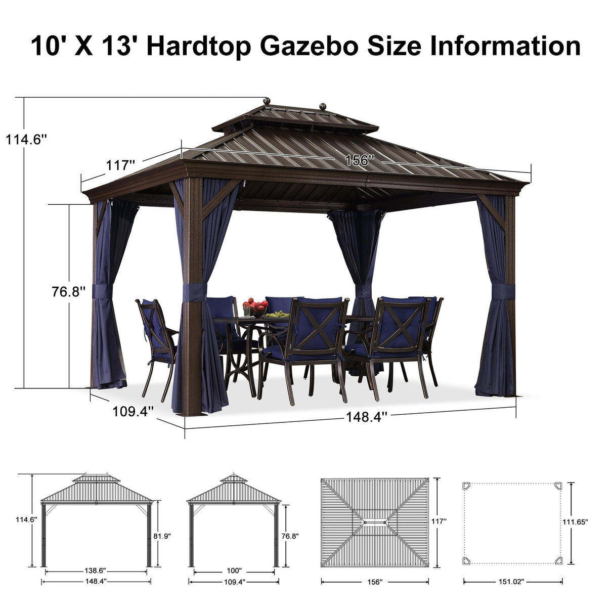 PURPLE LEAF Hardtop Gazebo 10' X 13' Galvanized Steel Roof with Netting and Curtains Backyard Deck Garden Canopy Aluminum Frame Permanent Outdoor Pavilion PURPLE LEAF