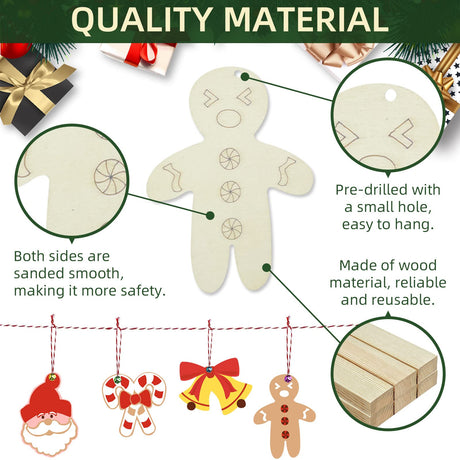 Wooden Christmas Ornaments, 176 PCS Unfinished Predrilled Wood Ornaments Set with 72 Blank Wood Slices in 9 Styles, 90 Bells and 12 Color Pens for Kids DIY Crafts and Christmas Hanging Decoration, A Pehciroe
