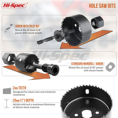 Hi-Spec 21pc Wood Hole Saws, Brad Points & Spade Drill Bit Set for Drill Drivers in a Compact Tool Kit Case Hi-Spec
