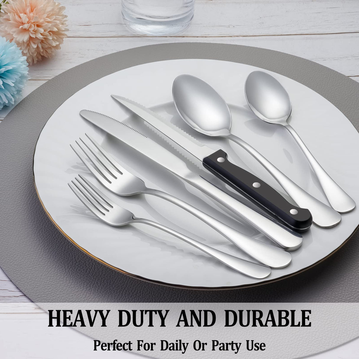 24 Pcs Silverware Set with Steak Knives Service for 4,Stainless Steel Flatware Set,Mirror Polished Cutlery Utensil Set,Home Kitchen Eating Tableware Set,Include Fork Knife Spoon Set,Dishwasher Safe MUTNITT