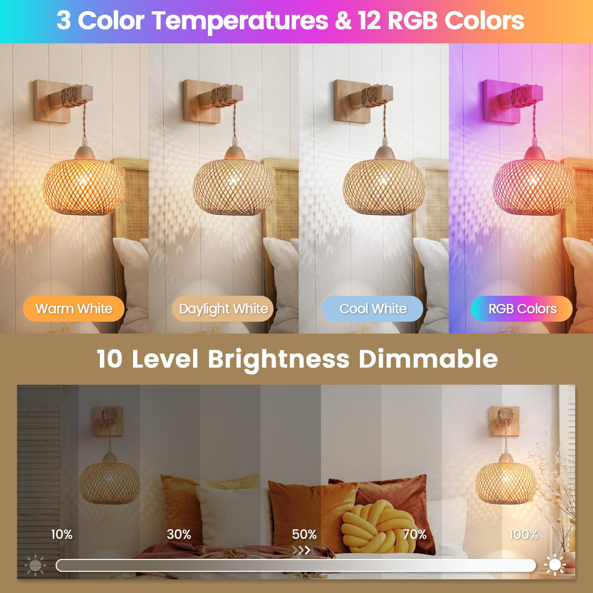 Battery Operated Wall Sconce Set of Two, Wireless Rechargeable Wall Lights, Rattan Wall Lamps with Remotes and Dimmable RGB LED Bulbs, Indoor Boho Wood Sconces Wall Decor for Bedroom Living Room MANGINY