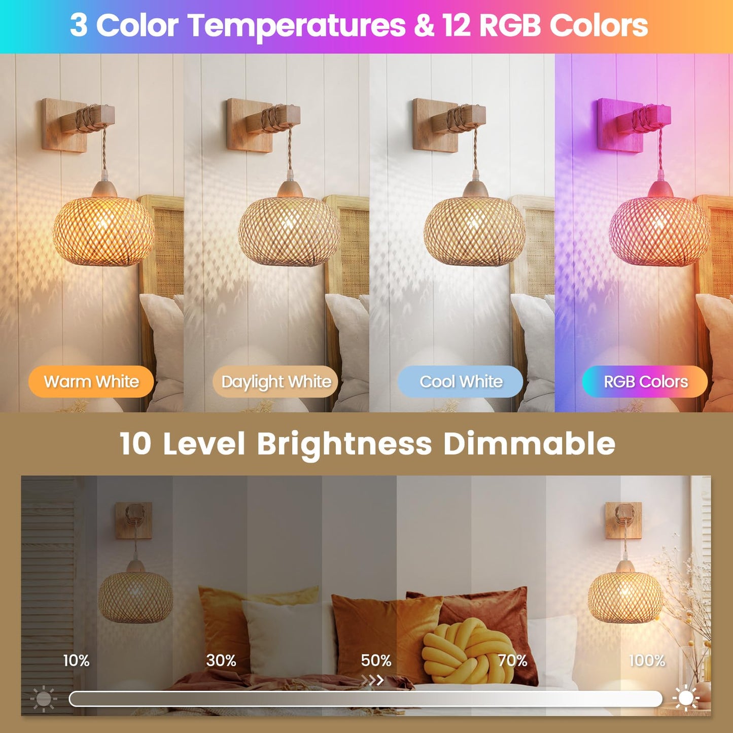 Battery Operated Wall Sconce Set of Two, Wireless Rechargeable Wall Lights, Rattan Wall Lamps with Remotes and Dimmable RGB LED Bulbs, Indoor Boho Wood Sconces Wall Decor for Bedroom Living R - WoodArtSupply