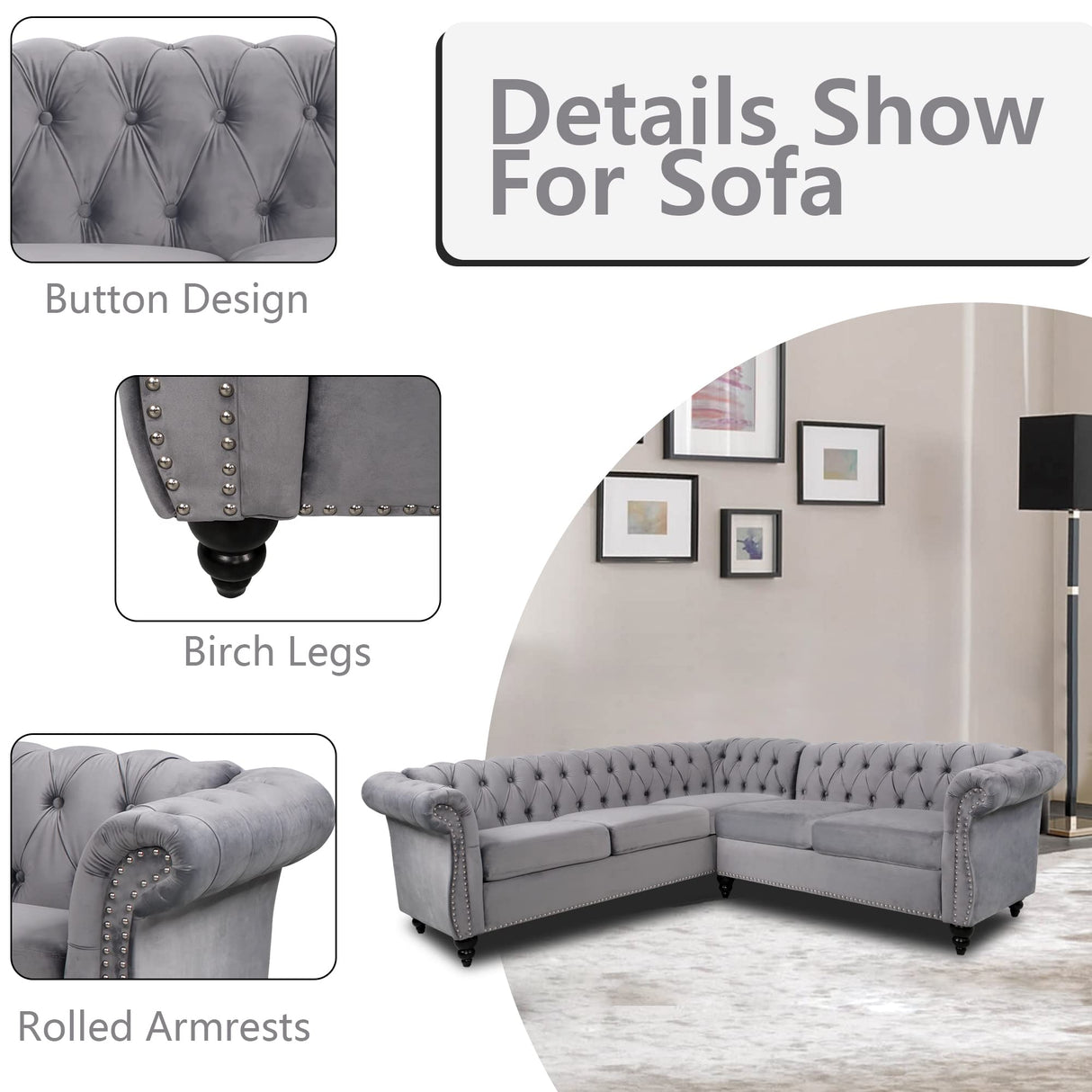 QHITTY L-Shaped Sofa, Sectional Chesterfield Couch 5-Seater Velvet Upholstered Small Accent Tufted Sofa with Rolled Armrest and Nailhead Design for Living Room, Apartment, Office (Grey) QHITTY