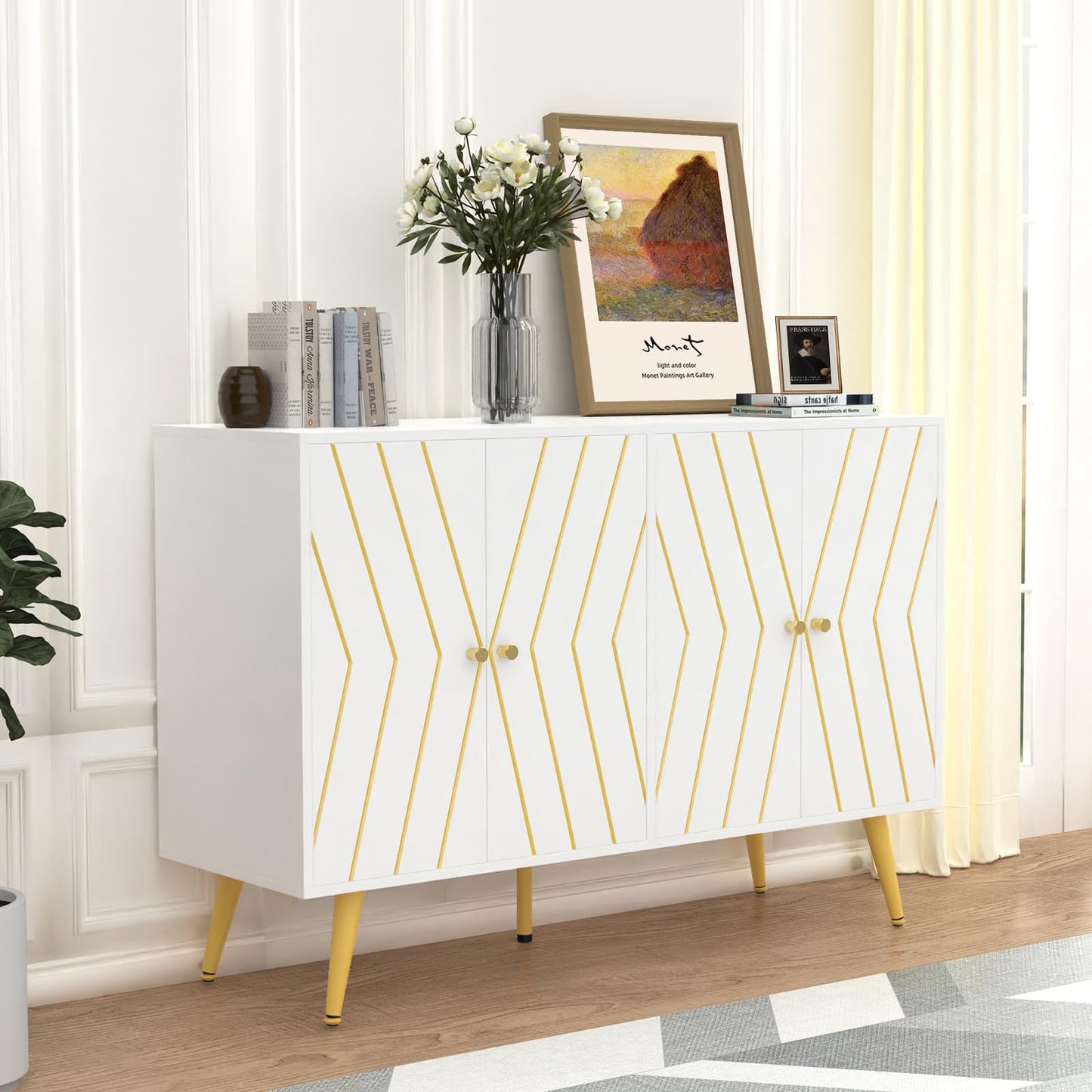 FABLISS 48" Sideboard Buffet Cabinet with Storage, White & Gold Lines Accent Storage Cabinet with 4 Doors, Modern Credenza for Living Room, Dining Room, Entryway, Hallway, Kitchen