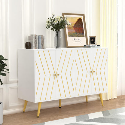 FABLISS 48" Sideboard Buffet Cabinet with Storage, White & Gold Lines Accent Storage Cabinet with 4 Doors, Modern Credenza for Living Room, Dining Room, Entryway, Hallway, Kitchen