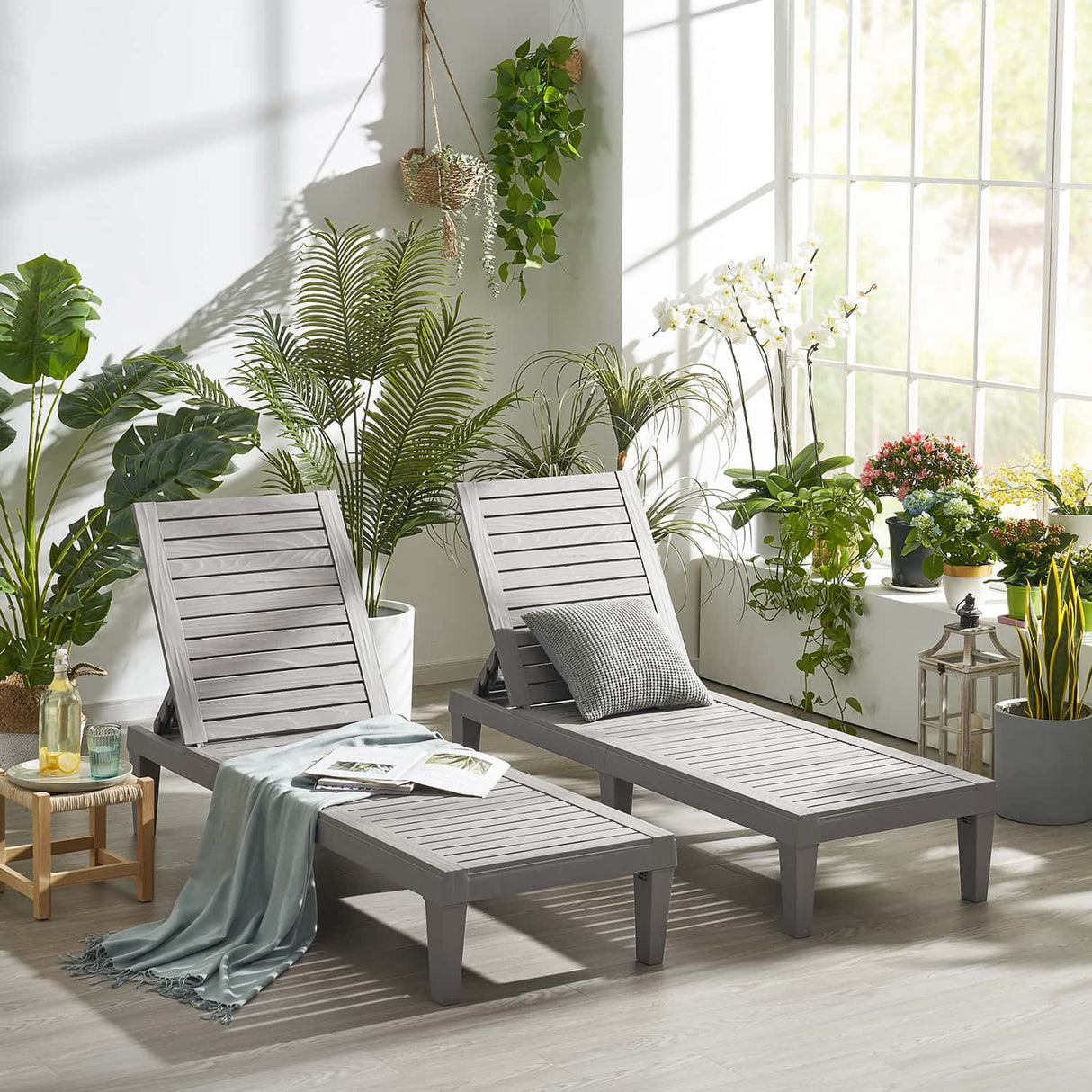 Nestl Patio Chairs - Grey Chaise Lounge Chair Outdoor, 5-Position Adjustable Sun Tanning Chair, Waterproof Pool Lounge Chairs Set of 2, Reclining Lawn Chair, Lightweight Outdoor Lounge Chairs Nestl