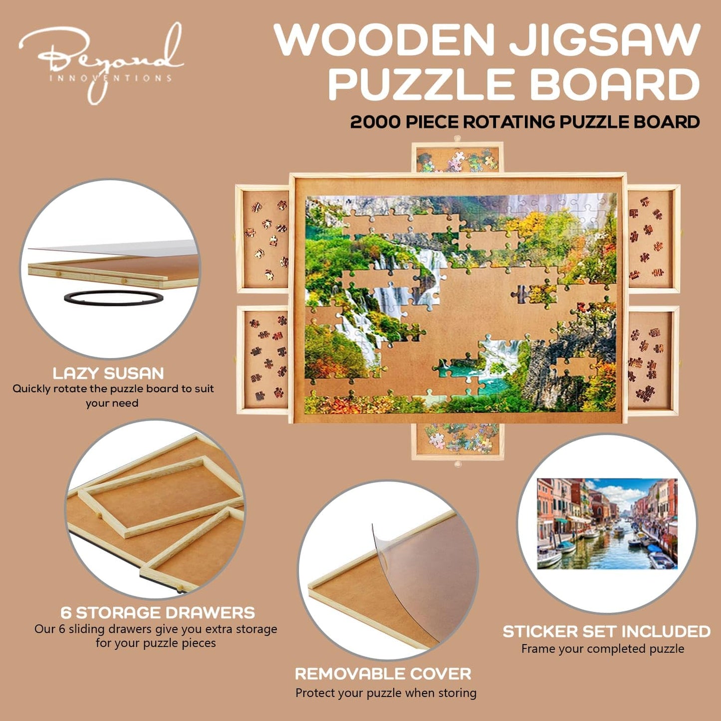 2000 Piece Wooden Jigsaw Puzzle Board -6 Drawers, Rotating Puzzle Table | 41.5” X 30” Jigsaw Puzzle Table | Puzzle Cover Included - Portable Puzzle Tables for Adults and Kids by Beyond Innoventions