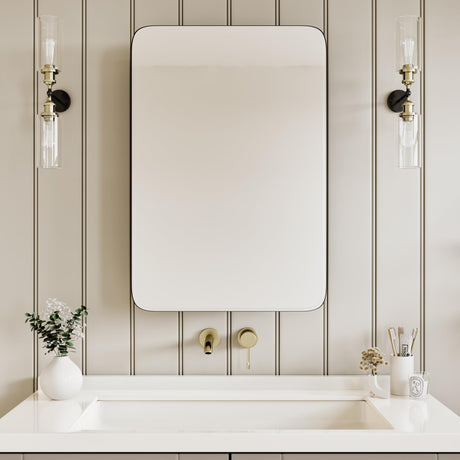 AGDULL Vintage-Style Bathroom Wood Black Cabinet with 17.5''x29'' Curved Mirror, Recessed Medicine Cabinet, Bathroom Storage Cabinet AGDULL