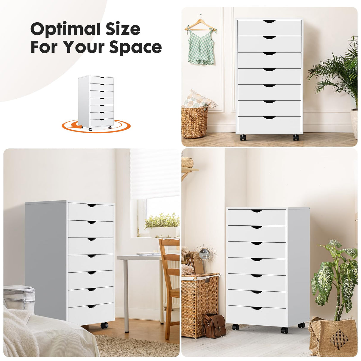 OLIXIS 7 Drawer Chest Wood File Cabinet Rolling Organization Storage Dresser with Wheels for Home Office, White OLIXIS