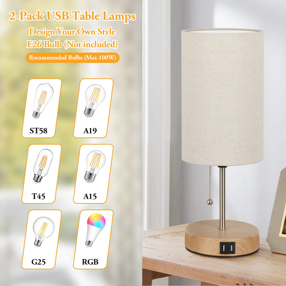 Set of 2 Table Lamps with 2 USB Ports, Modern Bedside, Desk Lamps with Pull Chain, Nightstand Lamps with Cream Fabric Shade and Oak Metal Base for Living Room Bedroom Office Reading Dorm Hotel Lakumu