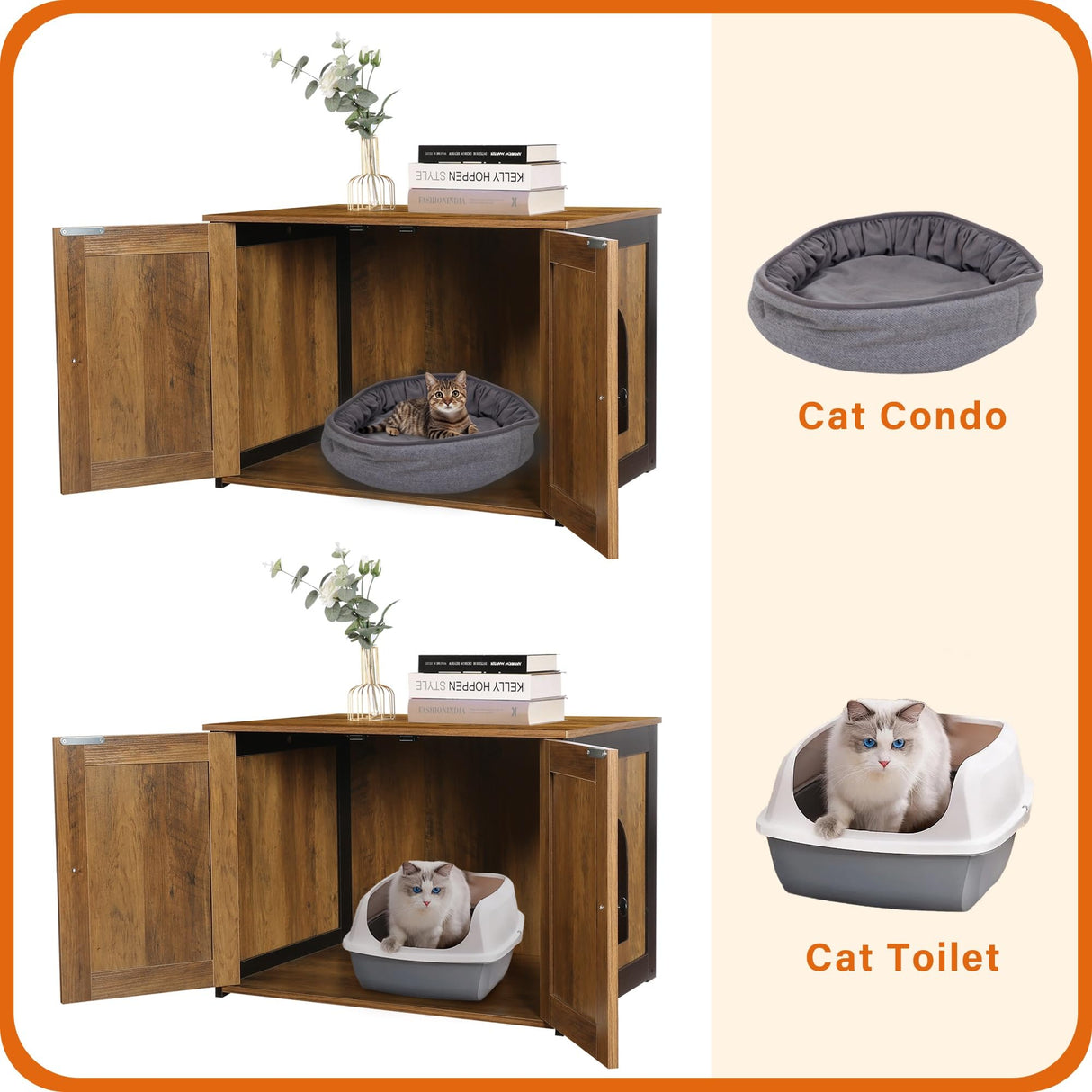 DWANTON Litter Box Enclosure, Cat Litter Box Furniture Hidden, Reversible Entrance Can Be on Left or Right Side, Wooden Cat Washroom Indoor, Warm Brown, 27.6 Inches Dwanton