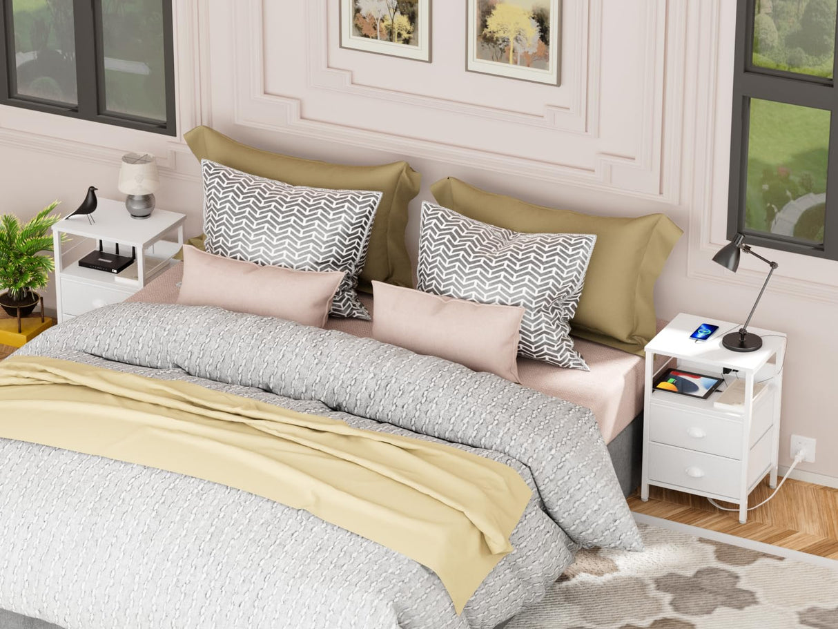 Furologee End Table with Charging Station, Nightstand with Fabric Drawers, Side Tables with USB Ports & Outlets, Night Stand with Storage Shelf & Hooks, for Living Room/Bedroom, White Furologee