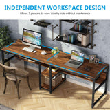 Tribesigns Rustic Brown Two-Person Double Desk with Bookshelf for Home Office Tribesigns