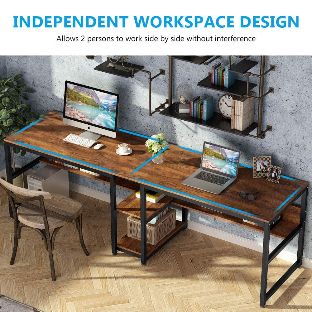 Tribesigns Rustic Brown Two-Person Double Desk with Bookshelf for Home Office - WoodArtSupply