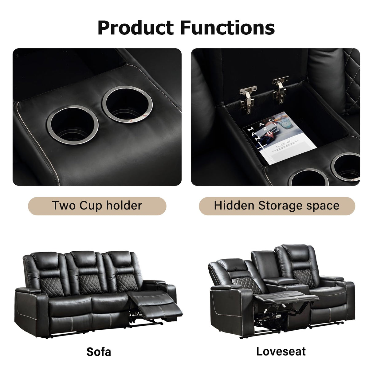 CANMOV Home Theater Seating Seats, Theater Recliner Chair Sofa, PU Leather 3 seat Power Recliner Sofa with Cup Holders, Hidden Arm Storage, USB Ports,Black CANMOV