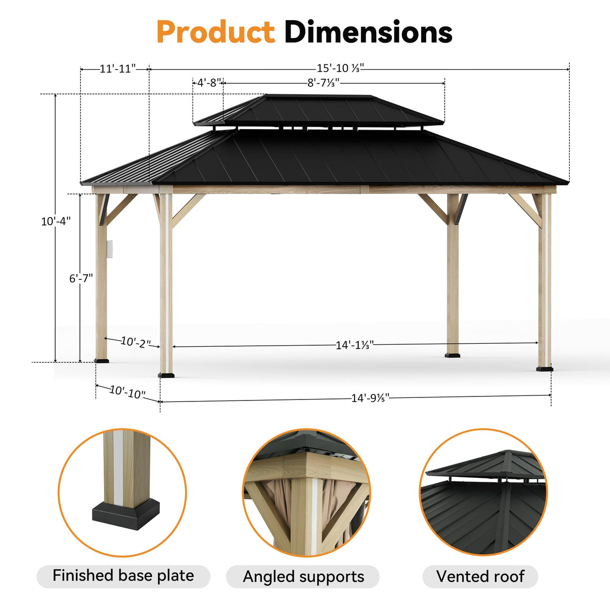 Modern Shade Hardtop Gazebo 12' x 16' with 4 LED Lights, Outdoor Gazebo with Double Roof, Aluminum Frame, Patio Pavilion with USB Charging Port Deck, Mosquito Netting and Curtains, Wood Looking Modern Shade Outdoor Living Spaces