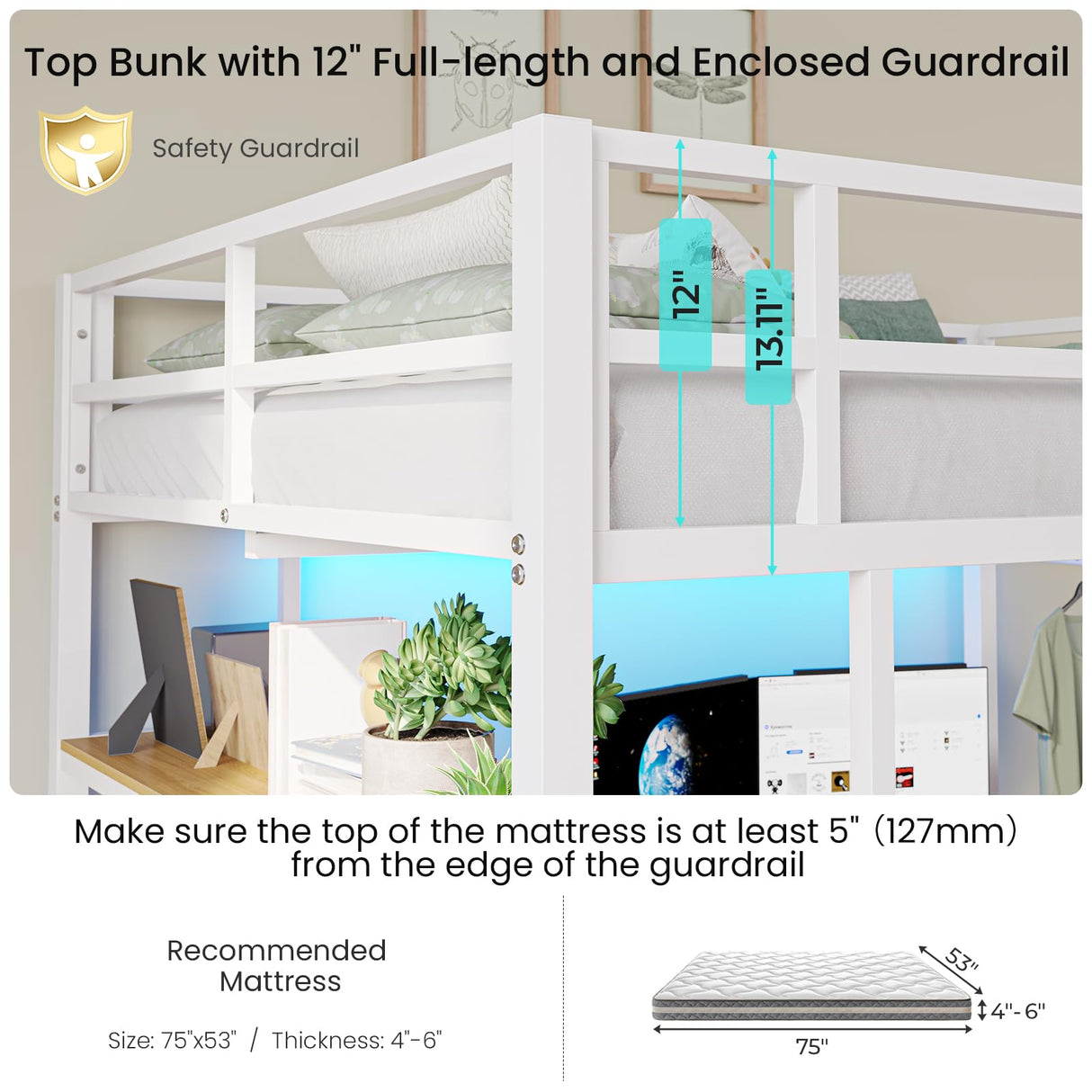 DICTAC Full Size Loft Bed with L-Shaped Desk, LED Lights and Charging Station Full Metal Loft Bed Frame with 3 Storage Shelves & 3 Fabric Drawers,Loft Beds with Top Bunk -Safety Guard & Ladder,White DICTAC